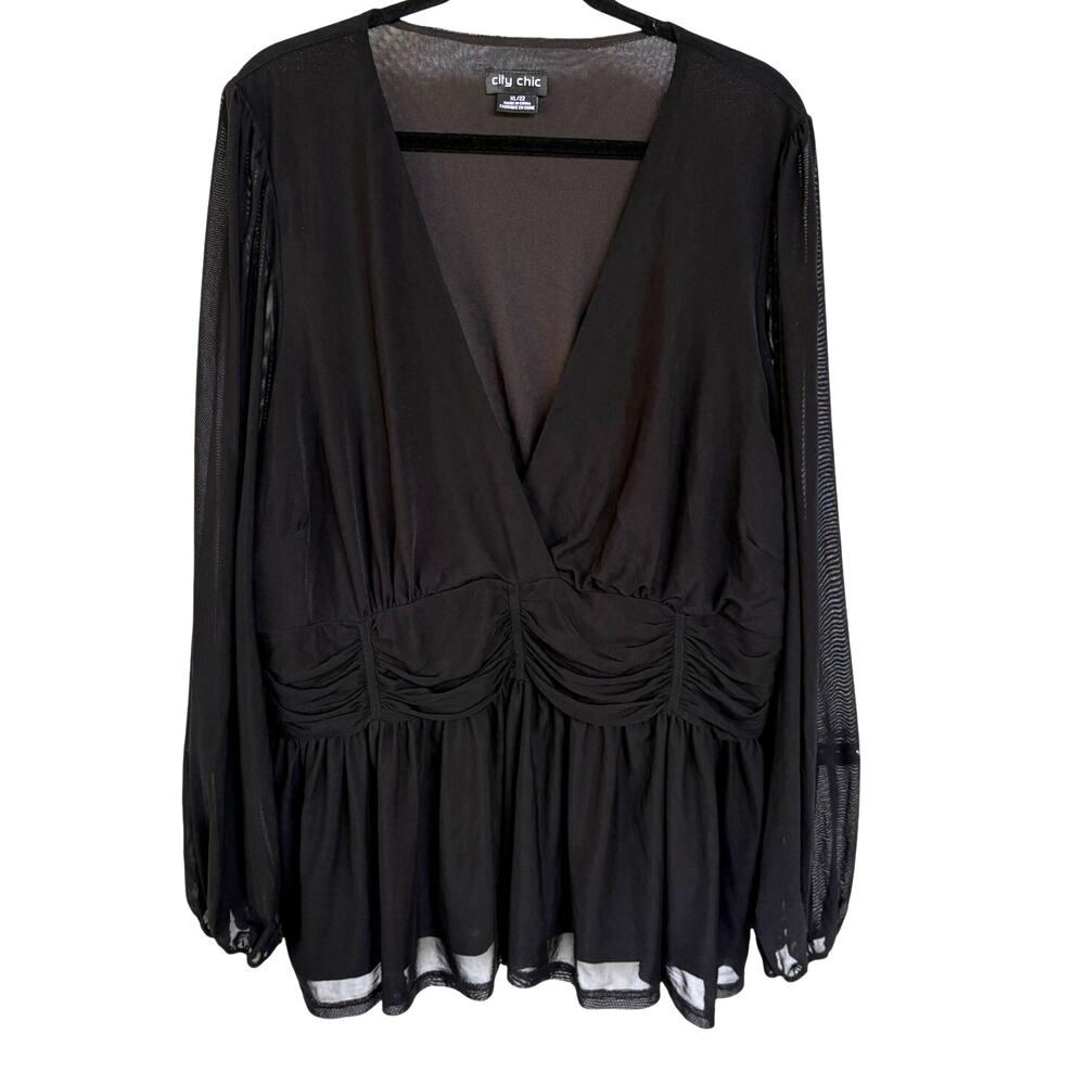 Y2K Black Ruched Whimsygoth Dark Fairy Flowy Sheer Sleeves Witchy Blouse XL